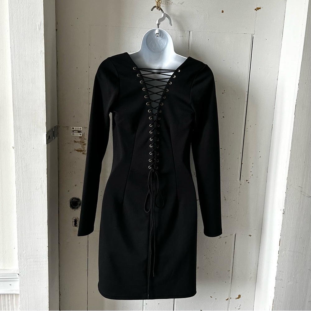 BB Dakota Black Stretch Knit Laced-up Dress
